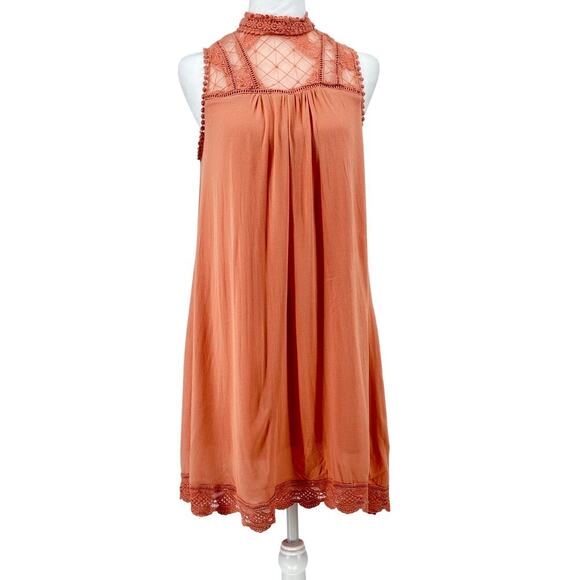 Altar’d State High Neck Lace Trim Dress Medium Rust Sleeveless Boho Lined - Picture 1 of 14